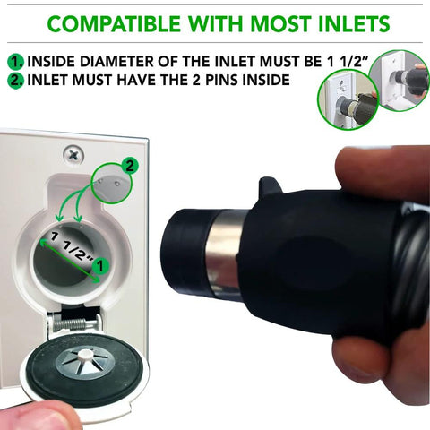 Central vacuum hose with handle switch being inserted into wall inlet; white plastic components and 1-1/2 inch opening.