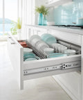 Heavy Duty Soft Close Drawer Slides 22 Inch Side Mount Pair Built Like A Tank For Kitchen Cabinets featuring full extension with dishes.