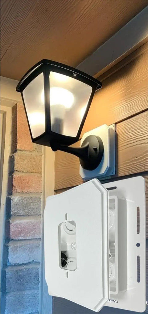 Non-Metallic Universal Siding Mounting Block For Exterior Light Fixtures And Receptacles With Flanges, 6.5 Inch By 6.5 Inch Cover, White, 2 Pack, Built-In Electrical Box For Extra Structural Support installed under exterior light fixture
