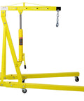 Heavy Duty Boss Grade 2 Ton Folding Engine Hoist And Cherry Picker With Smooth 360 Swivel Casters Quick Fold Design For Garage Wrench Slinging And No Sweat Diy Work, yellow steel frame with hydraulic lift.