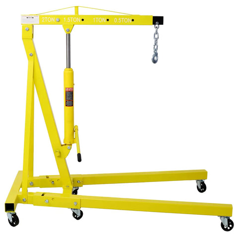 Heavy Duty Boss Grade 2 Ton Folding Engine Hoist And Cherry Picker With Smooth 360 Swivel Casters Quick Fold Design For Garage Wrench Slinging And No Sweat Diy Work, yellow steel frame with hydraulic lift.