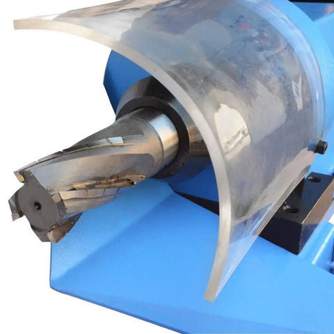 Rock Solid Electric Tube Pipe Notcher One Horsepower Plug And Play Rig Running Steady 280 RPM end mill close-up view.