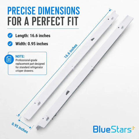 Left And Right Refrigerator Drawer Slide Rails Replacement Kit For Kenmore And Frigidaire, dimensions labeled, durable polycarbonate rails