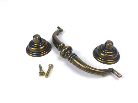 Antique Brass Drop Bail Pulls Set Of 4 With 4-1/4 Inch Center To Center Spacing displayed with screws, suitable for dressers and cupboards.
