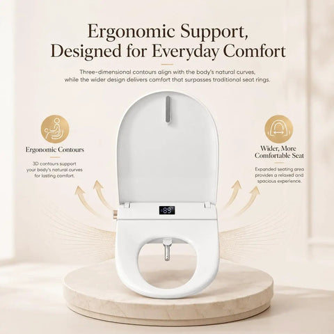Elongated Electric Bidet Toilet Seat With Instant Tankless Warm Water Spray Auto Air Dryer And No Sweat Easy Install top view showing ergonomic design.
