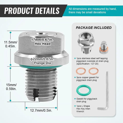 Heavy Duty 1/2 Inch 20 Thread Oil Drain Plug Piggyback Kit For Harley Curb Rust With Neodymium Magnet Catching Fine Metal Shavings Inside Engine, stainless steel