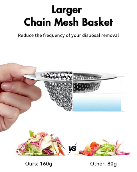 Reversible Chain Mesh Sink Strainer For Effortless Clean Up And Debris Catcher with comparison to smaller strainer and kitchen waste