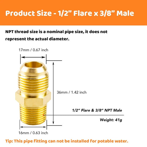 Brass tube fitting, 1/2 in flare to 3/8 in NPT male gas adapter