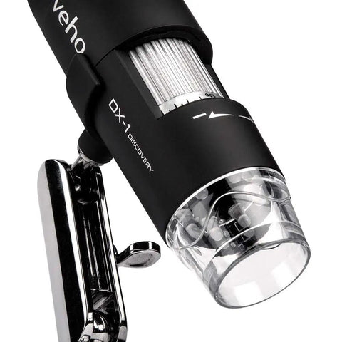 USB Digital Microscope With 2 MP HD CMOS Lens, 1920x1080 Video, 100x To 200x Magnification, Photo And Video Capture, Adjustable Stand, LED Lighting, MicroCapture Software, Windows And Mac Compatible, black microscope on adjustable stand