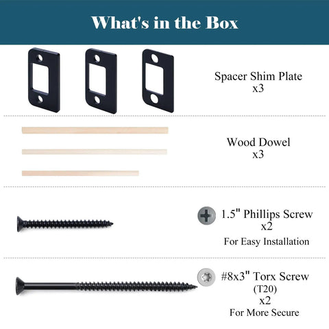 Heavy Duty Stainless Steel Door Strike Shim Spacer Plates Adjusts Loose Strikers Blocks with screws and dowels in the box.