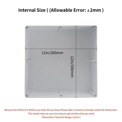 Top view of 12x12x6 Inch ABS Plastic Dustproof Waterproof Junction Box IP65 Outdoor Electrical Enclosure with inner dimensions marked.