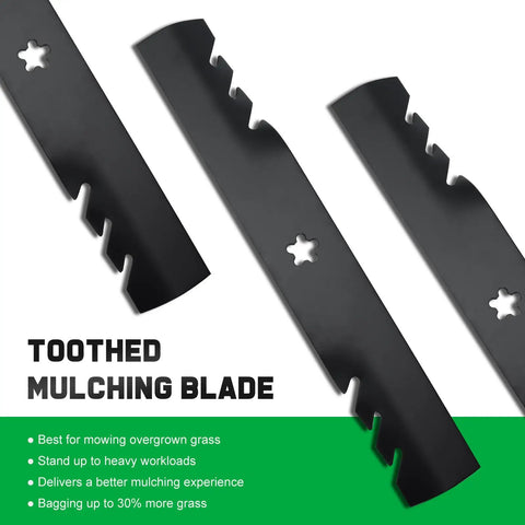 Beefed Up 48 Inch Mulching Mower Blades For Husqvarna Lawn Tractors And Zero Turn Mowers YTH24V48 Z248F YTH2348 YTH24K48 YTH2448 Replacement 532180054 180054 173920 173921 575938201 depicted with toothed design