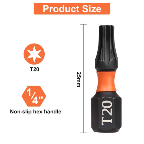 Pro T20 Torx Screwdriver Bit Set 20Pcs 25mm Length One Quarter Inch Hex Shank Torx 20 Bits close-up view