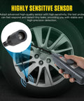 Gray handheld ultrasonic leak detector with 40kHz 420mm probe for automotive tire leaks.