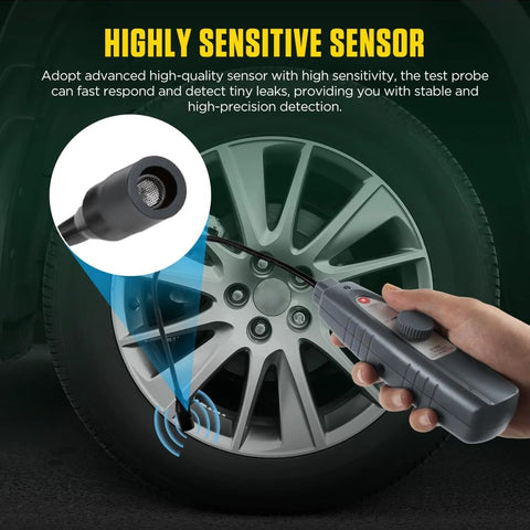 Gray handheld ultrasonic leak detector with 40kHz 420mm probe for automotive tire leaks.