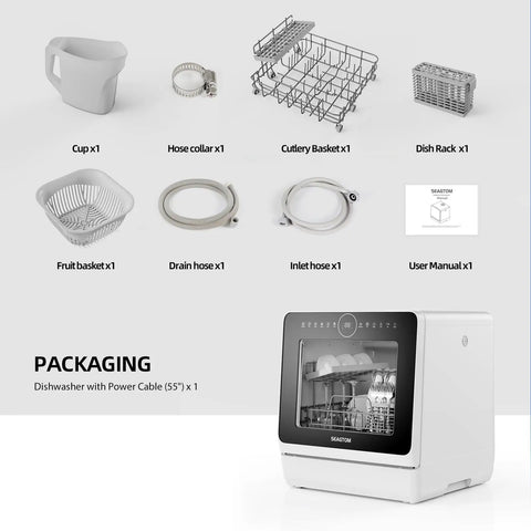 Compact Countertop Dishwasher With Six Place Settings Ten Preprogrammed Cycles And Baby Care Mode Hot Air Drying, includes storage baskets and hoses.