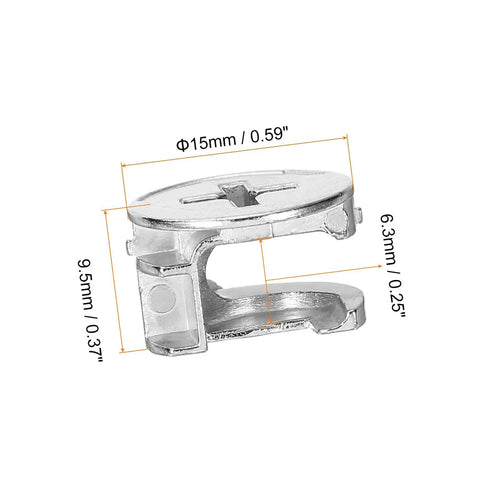 Rock Solid Cam Lock Nuts For Heavy Duty Furniture Sets Nickel Plated Zinc Alloy Dowel Binders, 15mm size showing dimensions.