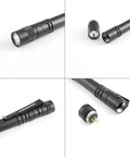 Ultra Compact Led Pen Light With Clip Five Pack Mini Flashlights showing aluminum body, clip, and battery compartment details