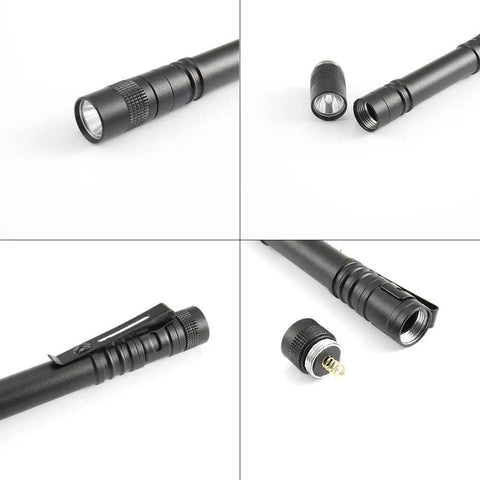 Ultra Compact Led Pen Light With Clip Five Pack Mini Flashlights showing aluminum body, clip, and battery compartment details