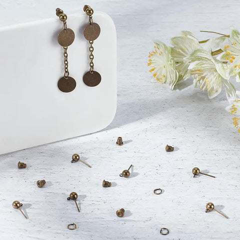 Antique Bronze Ball Stud Earring Findings Set With Horizontal Loops Ear Nuts And Iron Jump Ring 40 Pcs For Jewelry Making 15mm DIY Craft Supplies Kit Essentials, brass earrings