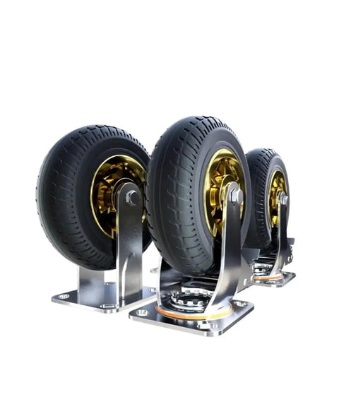 4 Pack Of 8 Inch Heavy Duty Stem Mount Caster Wheels With Swivel And Directional Brake Combo Silent Rubber Rollers Hella Durable Construction That Tracks Smooth As Butter No Vibration Or Annoying Noise For Your Gear Or Furniture Setup with metallic mounts and black rubber wheels.