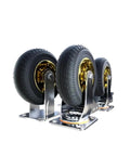Pro Gear Heavy Duty Eight Inch Rubber Casters Four Pack Featuring Slick Ball Bearing Swivel Motion And Rock Solid Foot Brakes with silver base and black rubber tires