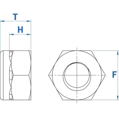 No Sweat 1/4-20 Nylon Insert Hex Lock Nuts 18-8 Stainless Steel Hardware Bulk Pack 50 Count technical drawing with dimensions.
