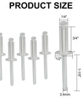 Large Flange Aluminum Blind Rivets Kit, 50 Pcs, One Quarter By Three Quarter Inch Pop Rivets with size measurements