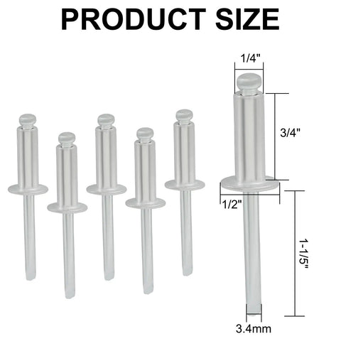 Large Flange Aluminum Blind Rivets Kit, 50 Pcs, One Quarter By Three Quarter Inch Pop Rivets with size measurements