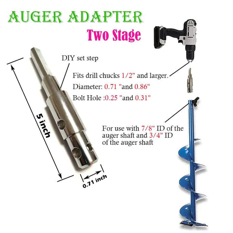 Image of a Two Stage Auger Adapter Lets Your Power Drill Drive Three Quarter And Seven Eighths Inch Auger Shafts, Durable Alloy Steel Construction, with drill and measurements.