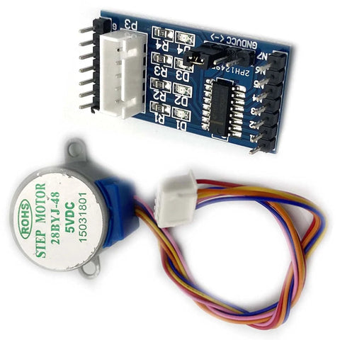 28BYJ-48 5V stepper motor with ULN2003 driver board, blue PCB and multicolored wiring for Arduino