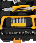 198 Piece Household Tool Kit With Plastic Toolbox, chrome finish tools including pliers and saw in a black and yellow case
