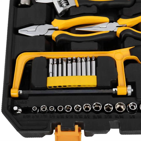 198 Piece Household Tool Kit With Plastic Toolbox, chrome finish tools including pliers and saw in a black and yellow case