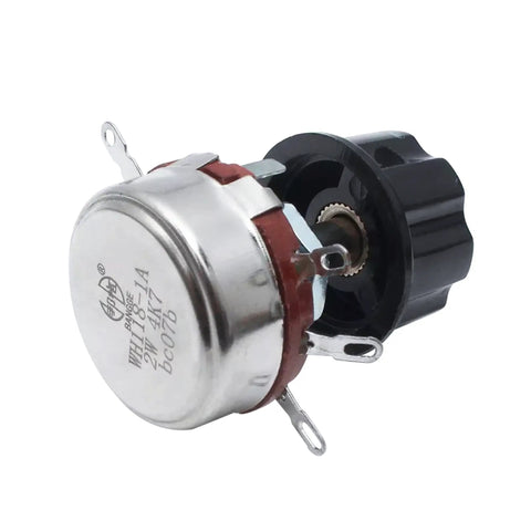 Rotary Potentiometer 4.7K Ohm 2W Linear Taper With A03 Control Knob, visible metal housing and wiring connectors.