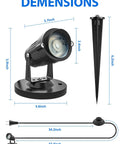 Indoor LED Spot Lights 5W RGBW Uplighting With Remote, dimensions and components including base, stake, and plug