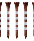 Wooden Golf Tees 3 1 Quarter Inches 100 Count Natural Hardwood Brown With White Markings arranged in a row