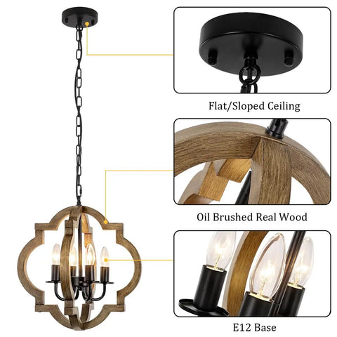 Image of Rustic 4 Light Orb Chandelier Handcrafted From Solid Wood With Black Metal Details Ideal For Dining Room Kitchen Island Hallway Or Entryway Delivers Cozy Warm Farmhouse Glow And Modern Farmhouse Charm, showing chandelier, ceiling base, and bulb details.