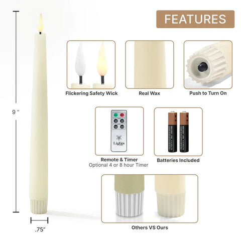 Flameless Taper Candles Set With Realistic 3D Flame And Wick, 9-Inch Ivory Wax LED Candles, 10 Pack, Remote Control And Timer features