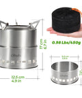 Stainless Steel Wood Burning Camping Stove Portable For Backpacking And Outdoor Cooking With Grill Grid And Carry Bag Ultra Lightweight Quick Setup Ideal For Camping Hiking Emergency Picnics BBQ, showing dimensions and weight