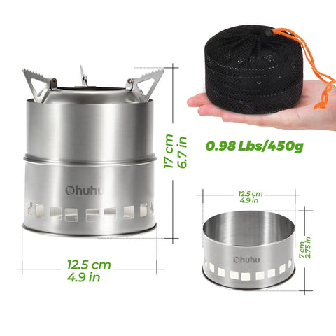 Stainless Steel Wood Burning Camping Stove Portable For Backpacking And Outdoor Cooking With Grill Grid And Carry Bag Ultra Lightweight Quick Setup Ideal For Camping Hiking Emergency Picnics BBQ, showing dimensions and weight