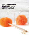 Orange bath shower sponge with long handle, part of the Non Slip Grippy Shower Chair With Suction Grab Bar And Suction Cup Head Holder Back Scrubber Sponge Tool 8 Adjustable Heights Portable Bath Chair For Elderly Set Of 5.