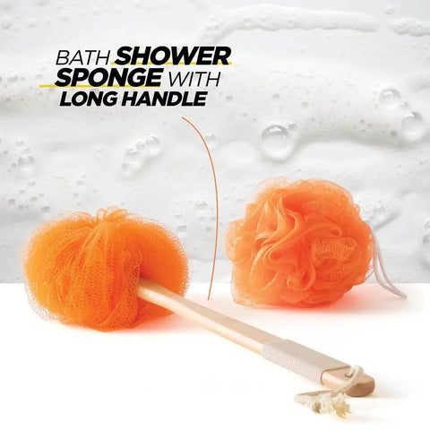 Orange bath shower sponge with long handle, part of the Non Slip Grippy Shower Chair With Suction Grab Bar And Suction Cup Head Holder Back Scrubber Sponge Tool 8 Adjustable Heights Portable Bath Chair For Elderly Set Of 5.