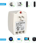 24VAC 40VA Plug In Doorbell And Thermostat Transformer Wall Mount Power Supply with examples of compatible devices displayed.