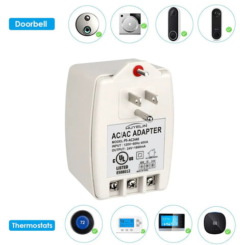 24VAC 40VA Plug In Doorbell And Thermostat Transformer Wall Mount Power Supply with examples of compatible devices displayed.