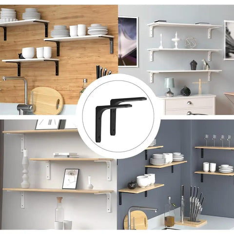 Heavy Duty White Steel L Brackets Rock Solid Corner Wall Shelf Mounts Built Tough For Diy Shelving And Garage Storage Load Bearing Joint Hardware With Screws Included For Hassle Free Setup displayed with various shelf setups.