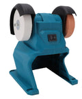 Slick Mini Bench Grinder With Dual Wheels Cordless Design Accepts 18V Batteries For Sharpening Deburring And Polishing Jobs front view with grinding wheels.