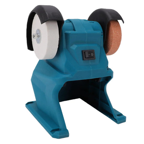 Slick Mini Bench Grinder With Dual Wheels Cordless Design Accepts 18V Batteries For Sharpening Deburring And Polishing Jobs front view with grinding wheels.