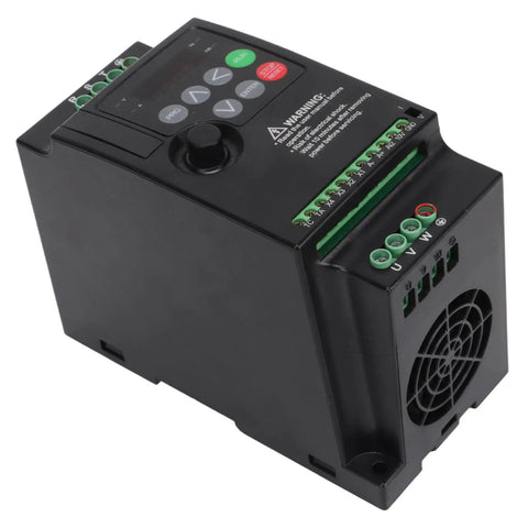 Rock Solid One Point Five KW Variable Frequency Drive For 380 Volt Three Phase Motor With Auto Voltage To Keep Speed Smooth As Butter On Pumps And Lathes Plus Heavy Duty Industrial Build For Tough Shop Grinds And Easy Setup Now, black VFD with fan