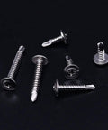 410 Stainless Steel Self Drilling Screws Kit For Metal With Wafer Head Phillips Drive Six Size Assortment scattered on black background