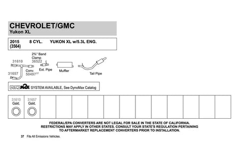 Exhaust system diagram for Chevrolet/GMC Yukon XL 2015, showing parts such as pipe clamps, gasket, and muffler connections.